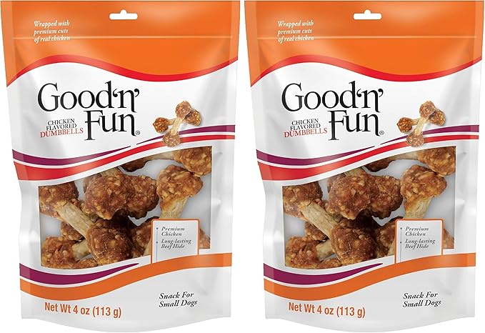 Good 'n' Fun Chicken Flavored Dumbbells for Small Dogs,4 Ounces,Treat Your Dog to Long-Lasting Chews Made with Premium Chicken & Long-Lasting Beef Hide,(Pack of 2)