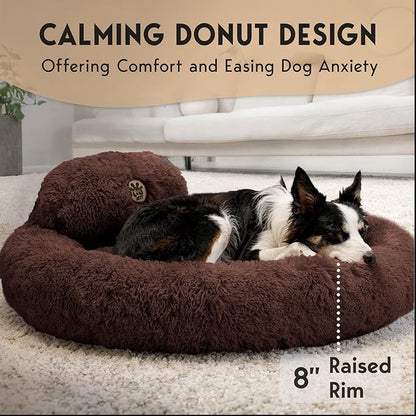 PetJett Dog Beds Large Sized Dog - 36'' Calming Round Bed, Anti-Slip & Washable Super Soft Donut Bed, Fluffy Faux Fur Anti-Anxiety Premium Comfort Pet Bed, Fits Dogs up to 80 lbs - Brown