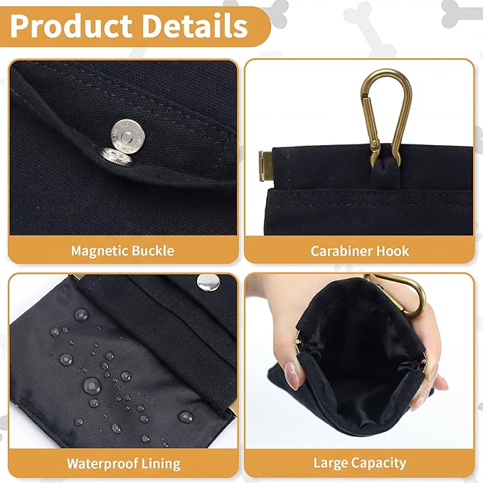 Dog Treat Pouch, Hand Free Dog Training Treat Bag with Carabiner & Magnetic Buckle, Auto Closing Dog Walking Bag for Puppy Travel or Outdoor Use, Pet Feed Snack Reward Pocket, Black