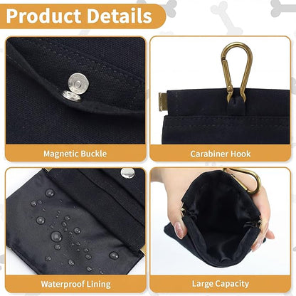 Dog Treat Pouch, Hand Free Dog Training Treat Bag with Carabiner & Magnetic Buckle, Auto Closing Dog Walking Bag for Puppy Travel or Outdoor Use, Pet Feed Snack Reward Pocket, Black
