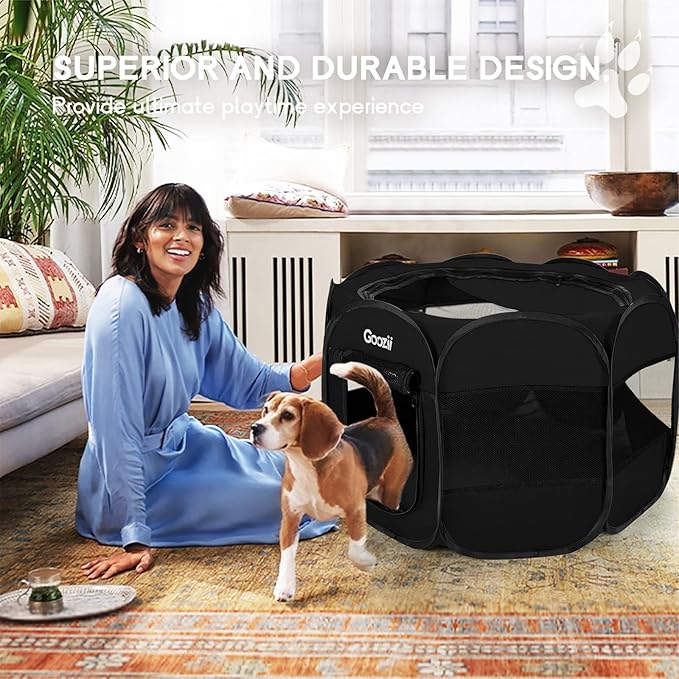 GOOZII Puppy Playpen Indoor for Small Dogs, Portalble Pet Dog Play Pens Kennel Crate with Top Cover Floor Door Enclosed for Large Cats Animal as Dog Lovers (Black, Medium Size)