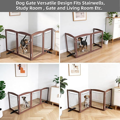 ZJSF Freestanding Dog Fence Indoor, Foldable Dog Gate for Doorways, Stairs or Hallways, Sturdy Wood Extra Wide Pet Gate with Support Feet for The House, Brown, 24 "Height-4 Panels