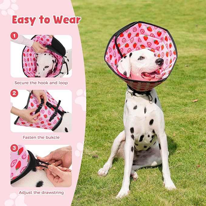 Avont Dog Cone Alternative, Adjustable Soft Comfy Foldable E Cones for Medium Large Dogs After Surgery, Escape-Proof Elizabethan Collar for Surgical Wound Recovery Stop Licking -Strawberry(L)