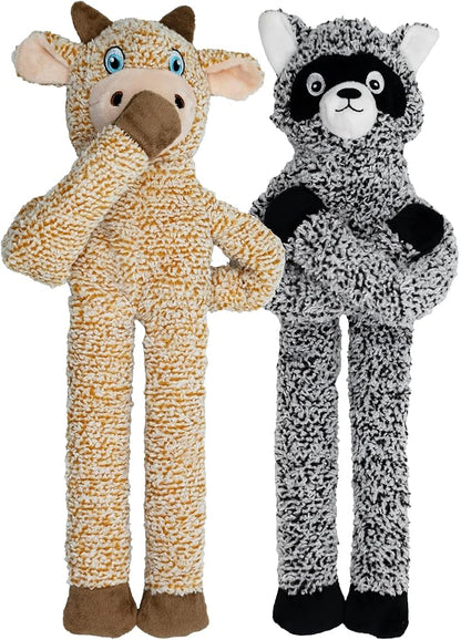BUYPOW 2 Pack Dog Toys with Squeakers, Plush Teething Toys to Keep Them Busy, No Stuffing Crinkle Interactive Dog Animals, Cute Funny Dogs Gifts for Small Medium Large Breed (Raccoon Cattle)