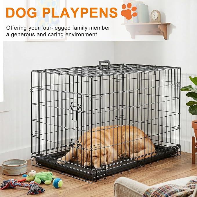 FDW 36" Foldable Metal Dog Crate with Leak-Proof Tray for Medium Dogs, Black