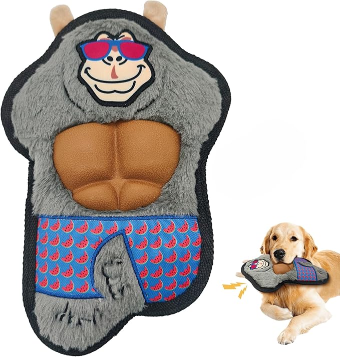 Grey Gorilla Plush Squeaky Dog Toy with TPR Muscles Puppy Teething Chew Toy Cute Soft Funny Stuffed Animal Interactive Fetch Tough Dog Toy for Small Medium Large Dogs Toy Gift 29cm/11.42in
