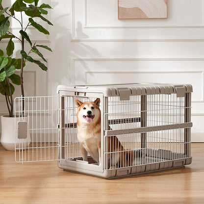 ZOMISIA Collapsible Dog Crate for Large Dogs - 36" L Heavy Duty Dog Kennel No Tools Required with 4 Sides Steel Foldable Cage for Dogs Indoor Furniture, Portable Carrier with 2 Smooth Wheels, Beige