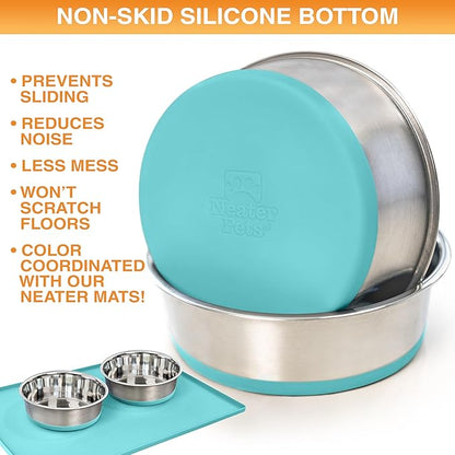 Neater Pet Brands Stainless Steel Dog Bowls with Non-Slip Rubber Bottom – Set of 2, 4 Cup (32 oz), Teal - Heavy Duty Metal Dog Bowl, Dishwasher Safe, Food or Water Bowl, Ideal for Medium Dogs