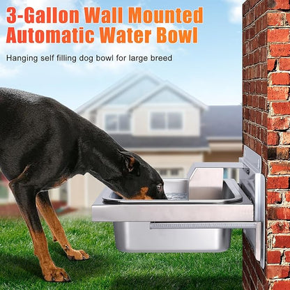 3Gal Automatic Dog Water Bowl Dispenser for Dogs Stainless Hanging Outdoor Self Filling Dog Bowl Large Breed Pet Waterer Metal Wall Mounted Auto Fill Big Dogs Waterer for Cats Chicken Livestock