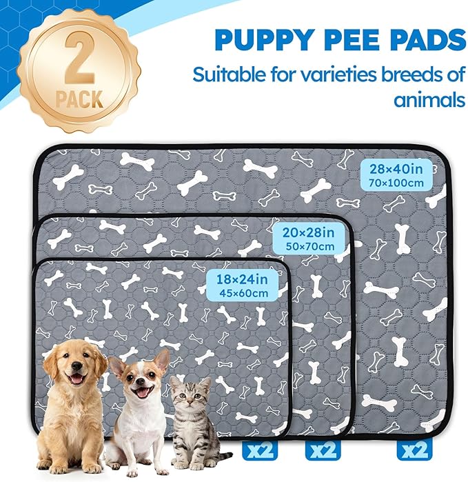 2 Pack Washable Pee Pads for Dogs, Absorbent Reusable Puppy Training Pads, Leakproof, Non-Slip, Waterproof Cat Doggie Pad Pet Potty Mat for Indoor&Outdoor, Whelping, Crate, Gray 18"x24"