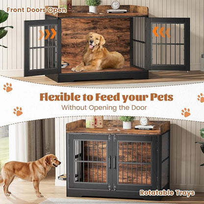 VOPEAK 46" Rustic Dog Crate Furniture, Heavy Duty Dog Cage for Medium Large Dogs, Dog Crate Dog Kennel Indoor with Removable Trays, Chew Resistant Crate for Bedroom Living Room, Rustic Brown