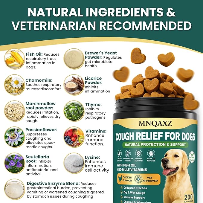 Dog Cough Relief Chews,Kennel Coughing Treatment,Natural Herbal Formula, Relief for Cough and Breathing Discomfort-100% Natural Respiratory Support,Safe Suppressant Treats