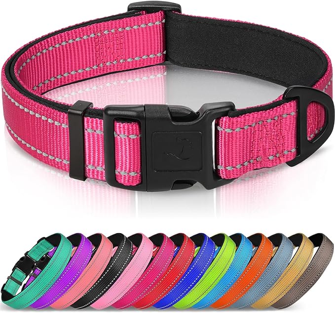 Joytale Reflective Dog Collar, Soft Neoprene Padded, Metal D-Ring, Nylon Pet Collar Adjustable for Puppy and Small Dogs, Hotpink, XS
