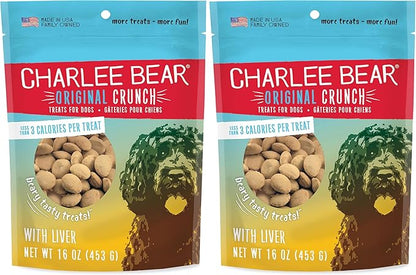 Charlee Bear Original Crunch Dog Treats, Chicken Liver, 16 Ounce Resealable Bag, Low Calorie Training Treats for Dogs, Limited Ingredient, Healthy, Crunchy Dog Snacks, Made in USA (Pack of 2)