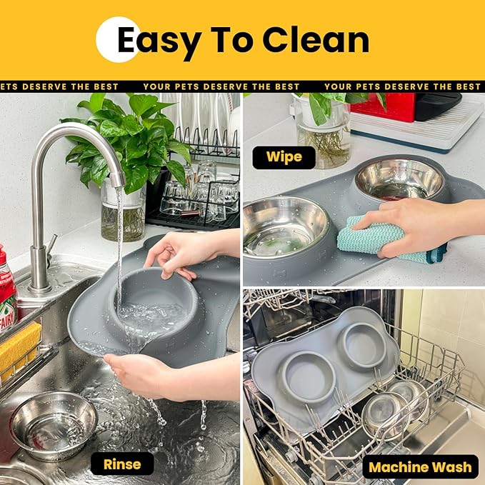 Conlun Dog Bowls with Silicone Feeding Mat,No Spill Food Water Dish Set,Dishwasher Safe,2 Stainless Steel Puppy Bowls with Dogs Bandanas,Suitable for Tiny Pets Under 8lbs,Extra Small,Grey