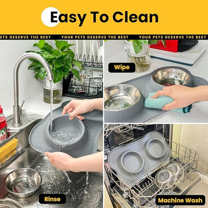 Conlun Dog Bowls with Silicone Feeding Mat,No Spill Food Water Dish Set,Dishwasher Safe,2 Stainless Steel Puppy Bowls with Dogs Bandanas,Suitable for Tiny Pets Under 8lbs,Extra Small,Grey