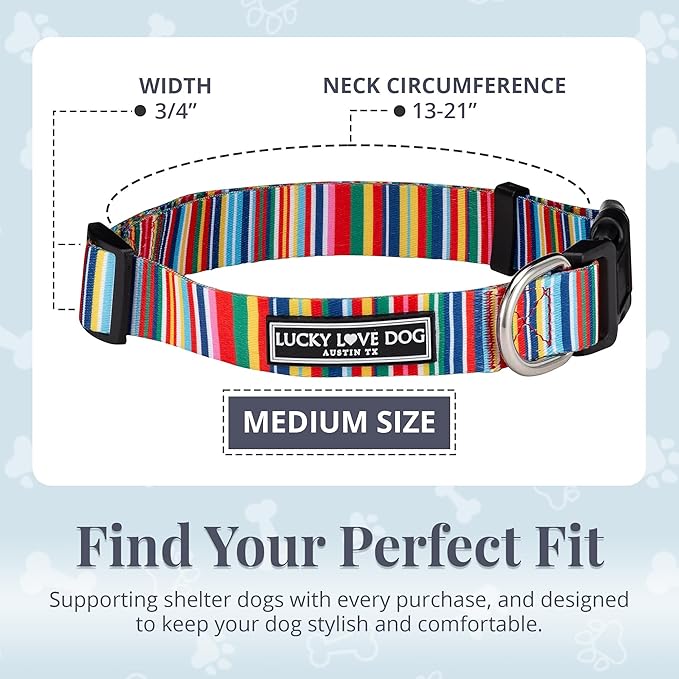 Lucky Love Dog Collars, Rainbow Stripes Pattern Dog Collar for Medium Dogs, Comfortable & Soft Cute Girl or Boy Dog Collar, Hippie, Medium