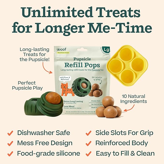 WOOF Starter Pack - Interactive Dog Ball Toy for Boredom - Dog Treat Molds Silicone - Chicken-Flavored Healthy Treats for Dogs - Pupsicle Doggy Enrichment Toy - for Large Pups - 25-75 lbs