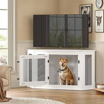 MAHANCRIS Corner Dog Crate Furniture, Wooden Dog Kennel End Table, Decorative Pet Crate Indoor Use, Furniture Style Dog House for Small Medium Dog, Dog Cage TV Stand, White and Black DCWT0801