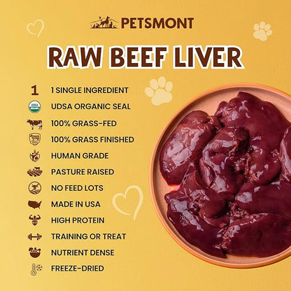 Petsmont Hearty Bites - Organic Freeze-Dried Beef Liver Dog Treats Single Ingredient All Natural, Preservative Free, No Filler Beef Treat for Dogs High Protein Dog Snacks Made in the USA - 8oz