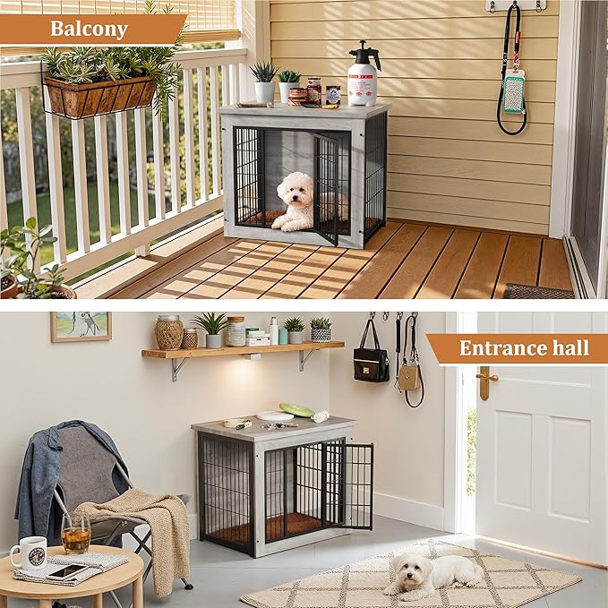 Greesum Modern Dog Crate Furniture That Doubles as a Side Table - Sturdy Wooden Kennel with Double Door Design, Equipped with Soft Cushion & Chew-Resistant Resign, Suitable for Dogs