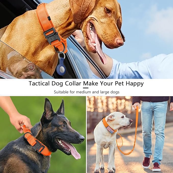 DAGANXI Tactical Dog Collar, Adjustable Military Training Nylon Dog Collar with Control Handle and Heavy Metal Buckle for Medium and Large Dogs, with Patches and Airtags Case (Orange-Set, S)