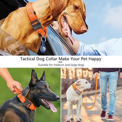 DAGANXI Tactical Dog Collar, Adjustable Military Training Nylon Dog Collar with Control Handle and Heavy Metal Buckle for Medium and Large Dogs, with Patches and Airtags Case (Orange-Set, S)