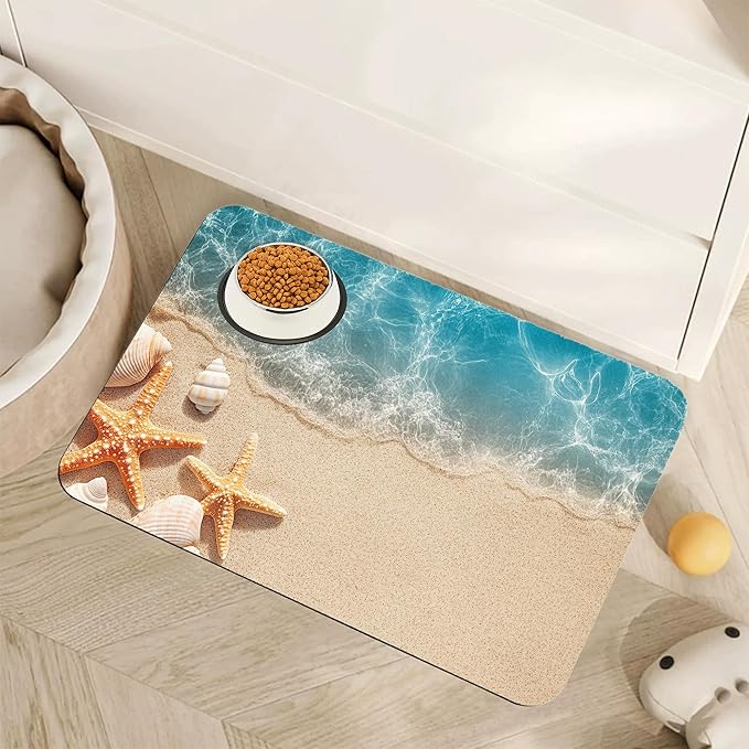 Beach Starfish Dog Food Mat for Floors,Cute Seashell Absorbent Pet Food and Water Bowl Mats,Non-Slip Pet Feeding Mat,Pet Supplies 12" x 20"