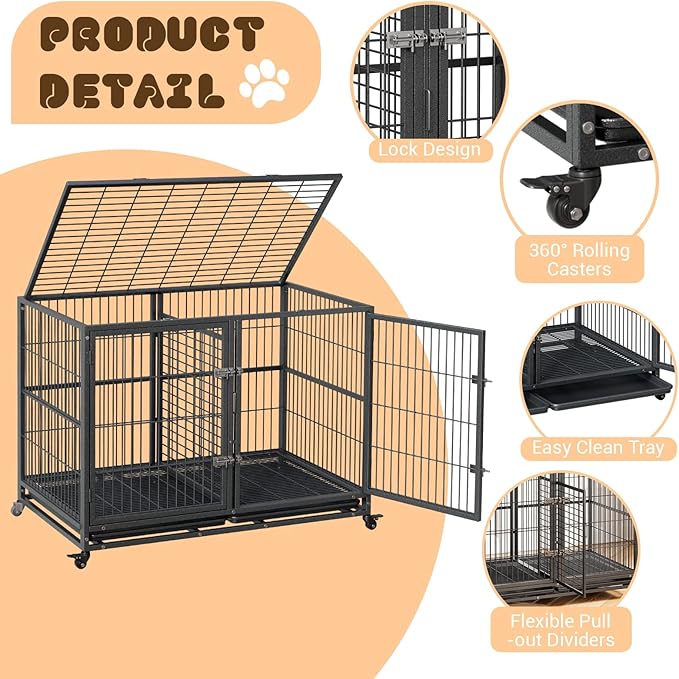 Heavy Duty Dog Crate, 48 Inches Large Metal Dog Kennel with Flexible Divider, 2 Door Pet Cage with Removable Tray and Wheels for Small Medium Large Pets