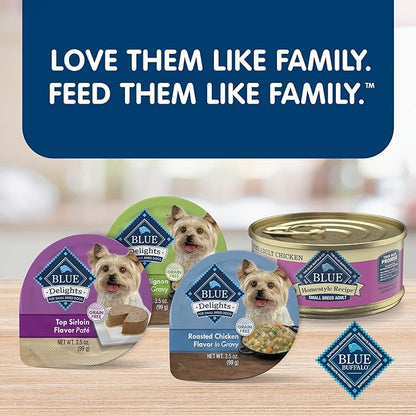 Blue Buffalo Delights Natural Adult Small Breed Wet Dog Food Cups, in Gravy, Chicken and Prime Rib 3.5-oz (12 Pack- 6 of Each Flavor)