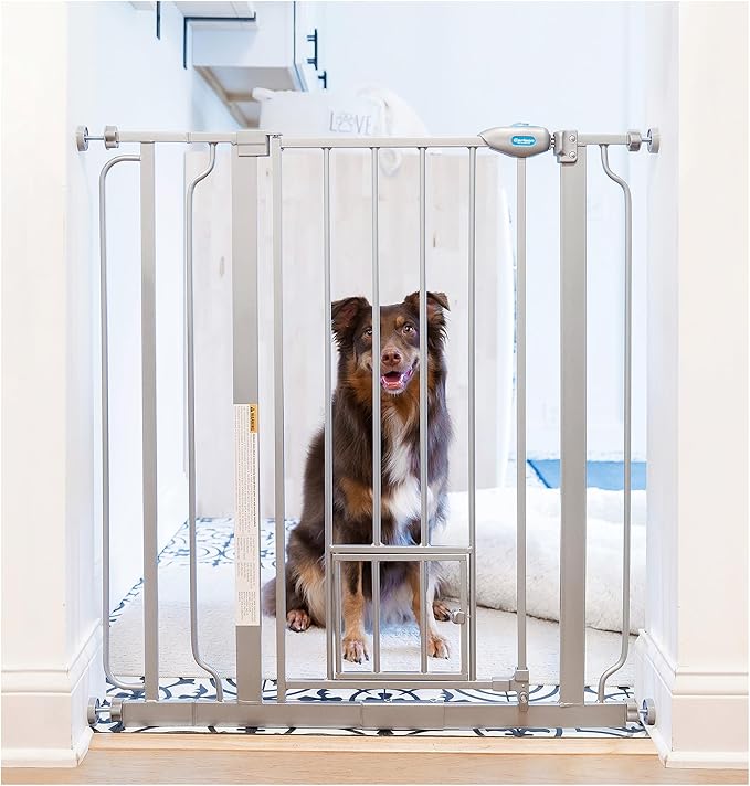 Carlson Extra Tall Walk Through Pet Gate with Small Pet Door, Includes 4-Inch Extension Kit, 4 Pack Pressure Mount Kit and 4 Pack Wall Mount Kit, Platinum, Gray