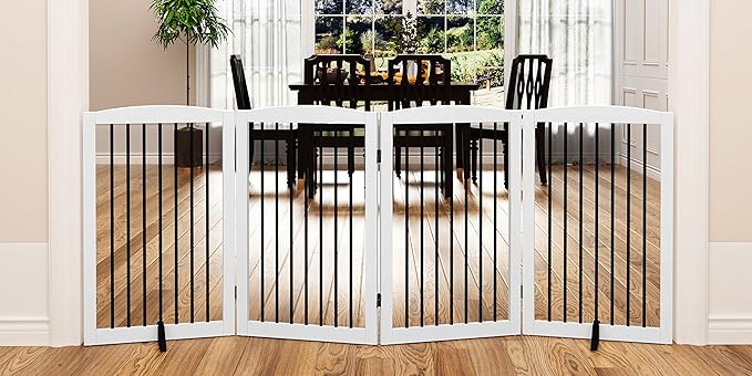 PUPETPO Freestanding Pet Gate for Dogs, Indoor Wooden Dog Gate for House, Foldable Dog Gate for Doorway, Stair, Gates for Dogs Indoor, 80 Inch Wide, 4 Panels 32", White