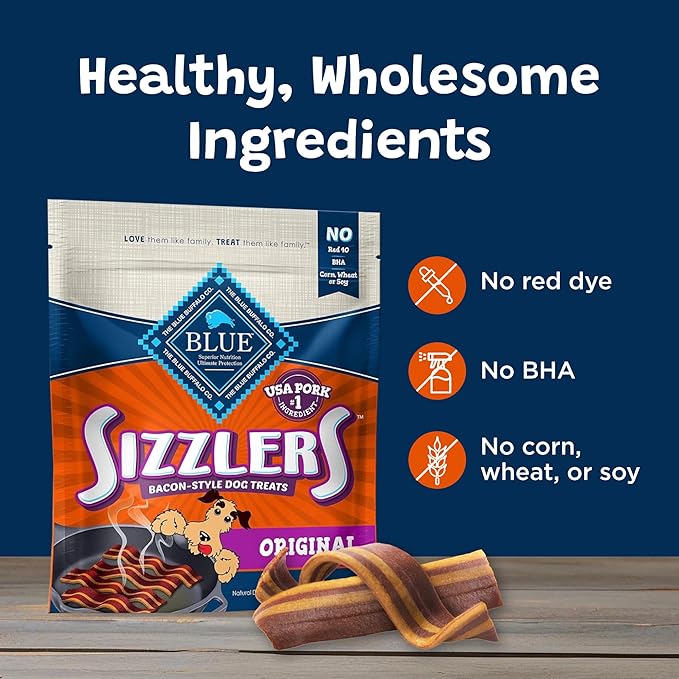 Blue Buffalo Sizzlers Natural Soft Dog Treats,Bacon-Style Soft-Moist Dog Treats with Real USA Pork,Original Flavor,6-oz Bag,(Pack of 2)