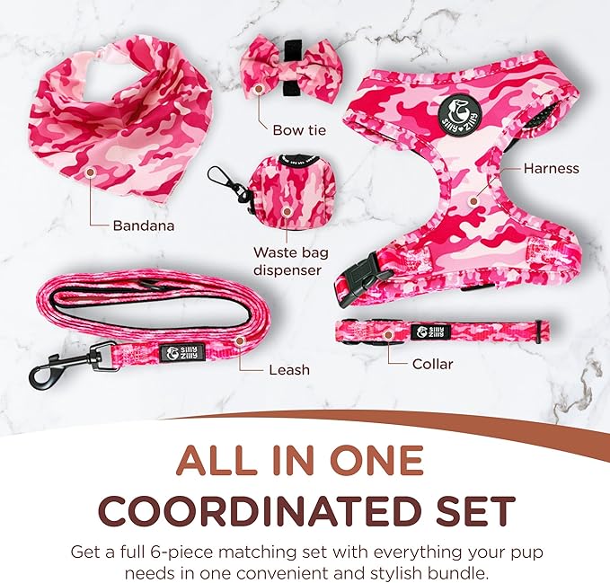 No Pull Harness and Leash Set - 6-in-1 Adjustable Vest Harness and Collars for Medium and Large Dogs. (Military Pink, Large)