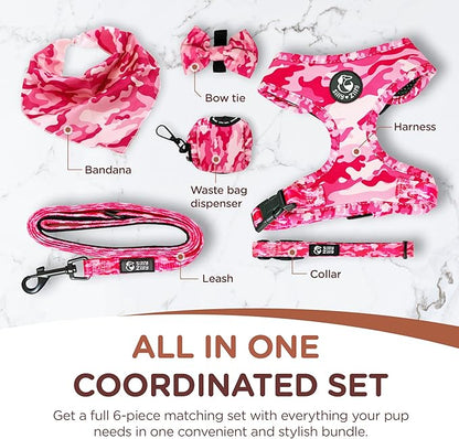 No Pull Harness and Leash Set - 6-in-1 Adjustable Vest Harness and Collars for Medium and Large Dogs. (Military Pink, Large)
