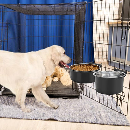 2 Pcs Black Large Pet Dog Food Water Bowl for Cage Stainless Steel Non-Spill Kennel Hanging Cats Bowls with Clamp Holder Crate Feeder Dish for Medium Large Dogs Huge Pets (7.1x3.7'' & 7.1x2.5'')