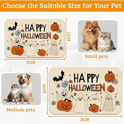 Pumpking Bat Dog Cat Food Mat,Halloween Absorbent Waterproof Placemat for Food and Water Non Slip Rubber Backing Durable Feeding Pad for Clean Floors 12" x 20"