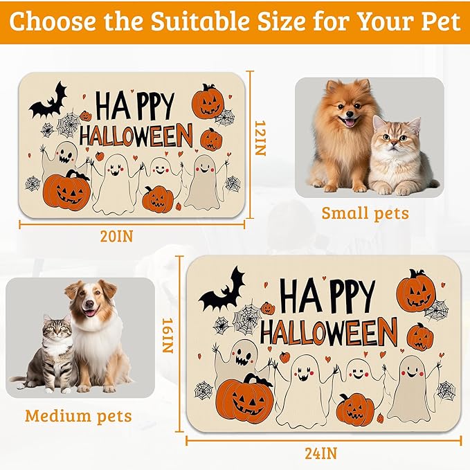Pumpking Bat Dog Cat Food Mat,Halloween Absorbent Waterproof Placemat for Food and Water Non Slip Rubber Backing Durable Feeding Pad for Clean Floors 16" x 24"