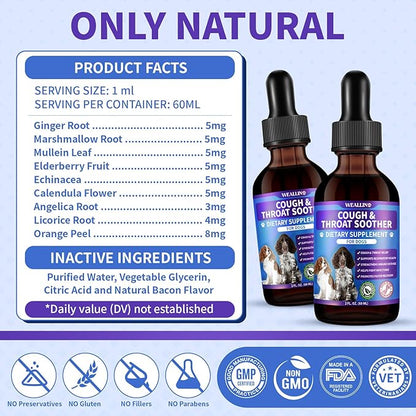 WEALLIN Dog Cough Treatment Support for Dogs - Dog Cough Care Natural Solution for Cough Natural Dog Cough Supplement Herbal Drops Support for All Breeds - 60 ml/2 Fl Oz