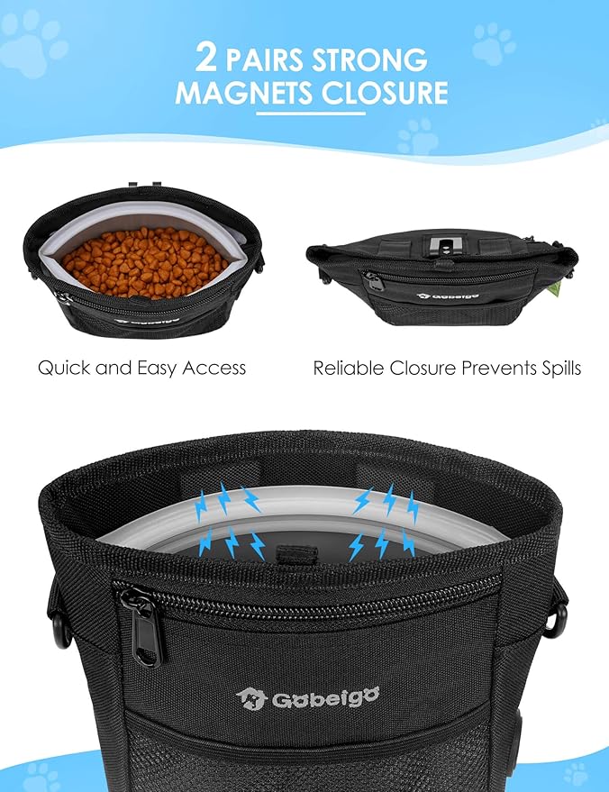 Gobeigo Dog Treat Pouch, Magnetic Closure & Sealable Silicone Bag Insert, 4-Cup Capacity – Belt Clip/Waist Belt/Crossbody Wear, Clicker Included – Great for Pet Training & Walking (Black)
