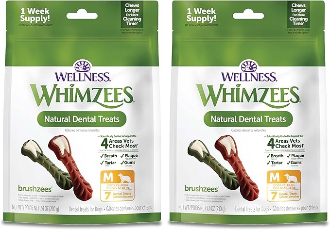 Whimzees Wellness Daily Brushzees Dog Dental Treats, Natural Chews, Medium Size Stick, (7 Count) (Pack of 2)