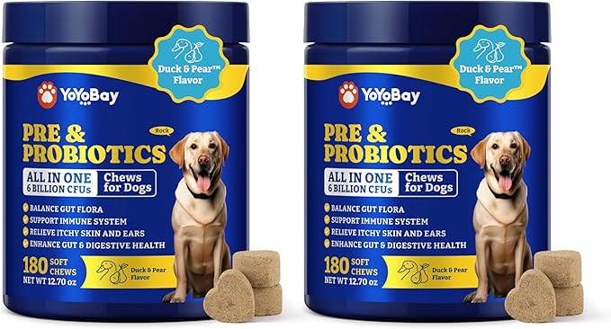 Probiotics for Dogs - Dog Probiotics for Digestive Health, Yeast, Itchy Skin, Gut Health, Immune & Skin - 6 Billion CFUs, Duck & Pear Flavor - with Prebiotics & Digestive Enzymes, 2 Pack
