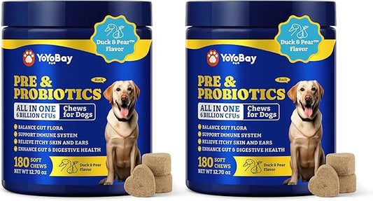 Probiotics for Dogs - Dog Probiotics for Digestive Health, Yeast, Itchy Skin, Gut Health, Immune & Skin - 6 Billion CFUs, Duck & Pear Flavor - with Prebiotics & Digestive Enzymes, 2 Pack
