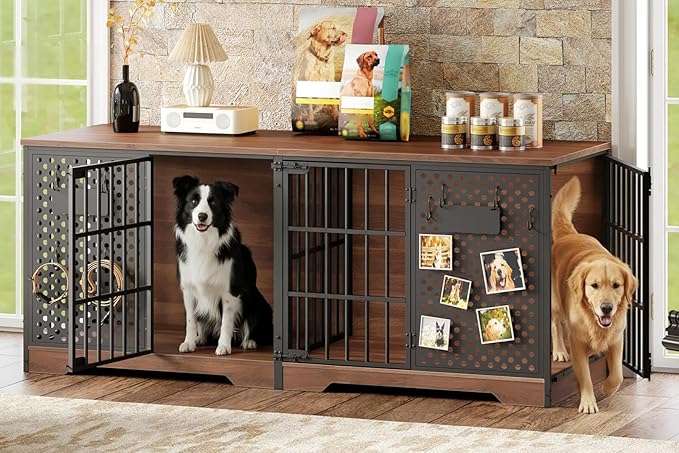 HOOBRO 71" Dog Crate Furniture for 2 Large Dogs, Heavy Duty Indoor Kennel with Removable Divider & Name Tags, TV Stand Cage Furniture for Medium & Large Dogs, Walnut & Black BH84GW03