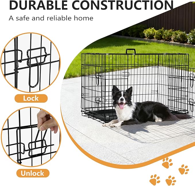 FDW Dog Crate 42-Inch Dog Cage Foldable Metal Kennel with Leakproof Tray Foldable Design Indoor Outdoor Use for Large Dogs,Dark Black