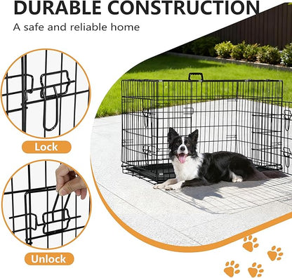 FDW Dog Crate 42-Inch Dog Cage Foldable Metal Kennel with Leakproof Tray Foldable Design Indoor Outdoor Use for Large Dogs,Dark Black