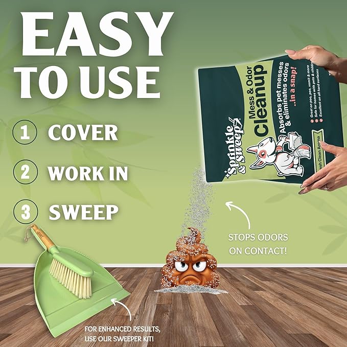 Sprinkle & Sweep: Pet Mess & Odor Cleanup Duo - 15oz Bag & Dustpan Broom - Dog Accident Clumping Powder, Remove Urine-Poop-Vomit from Hard Services