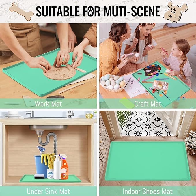 MateeyLife Dog & Cat Food Water Mat for Floors Waterproof, Nonslip Pets Bowl Feeding Mats with Raised Edges, Silicone Matt Tray for Messy Drinkers, 18"x12",MintGreen