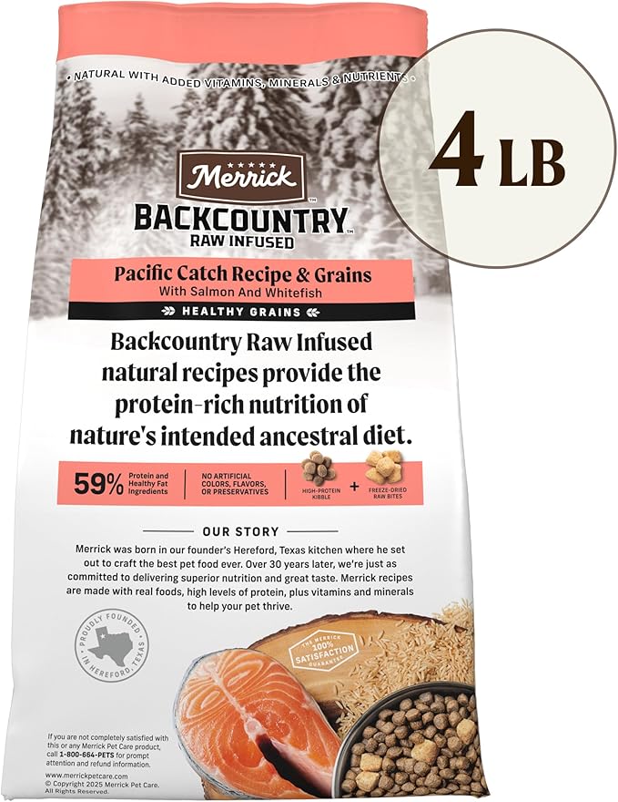 Merrick Backcountry Healthy Grains Premium Dog Food Kibble with Freeze Dried Raw Pieces, Pacific Catch Recipe - 4.0 lb. Bag