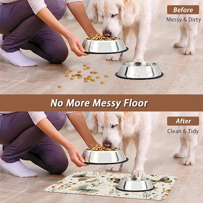 Butterfly Dog Food Mat for Floors,Boho Garden Vintage Absorbent Pet Food and Water Bowl Mats,Non-Slip Pet Feeding Mat,Pet Supplies 12" x 20"